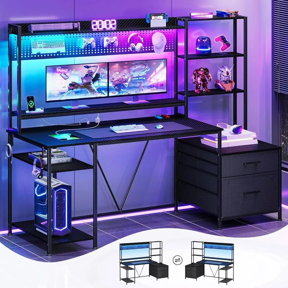 

Gaming Desk with Hutch, 65in Reversible Computer Desk with Power Outlets LED Light, Home Office Desk with Monitor Stand 2 Drawer