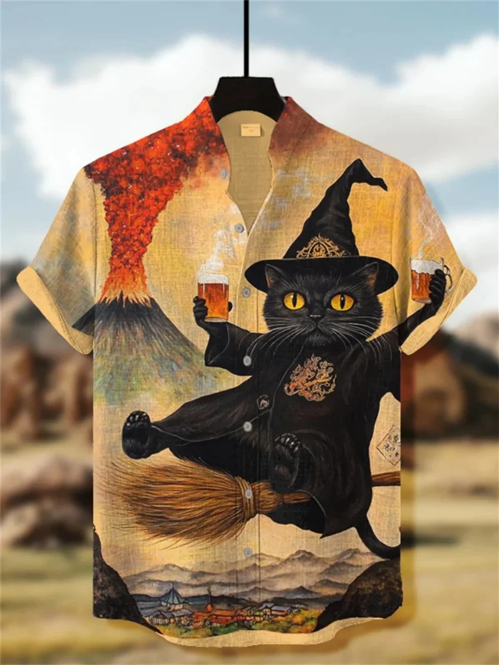 

Magical Cat Print Short Sleeve Shirt Button up Collar Design High-Quality Breathable Linen Casual Wear for Street Style