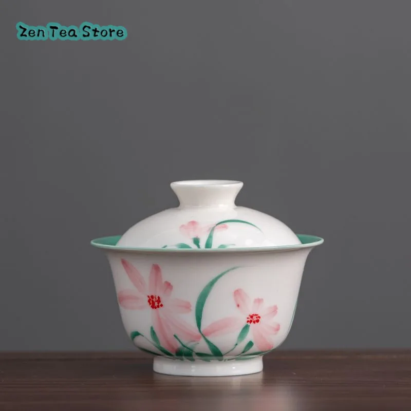 White Porcelain Hand-painted Magnolia Covered Bowl Ceramic Underglaze Color Women's Small Single Tea Bowl Chinese Style