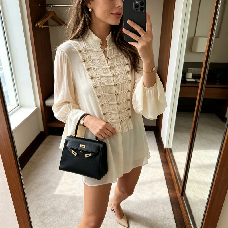 Women New Luxury Vintage Style Shirts Ladies Elegant Dinner Banquets Party Blouse Ruffles Drawstring Holes Loose Formal Shirt