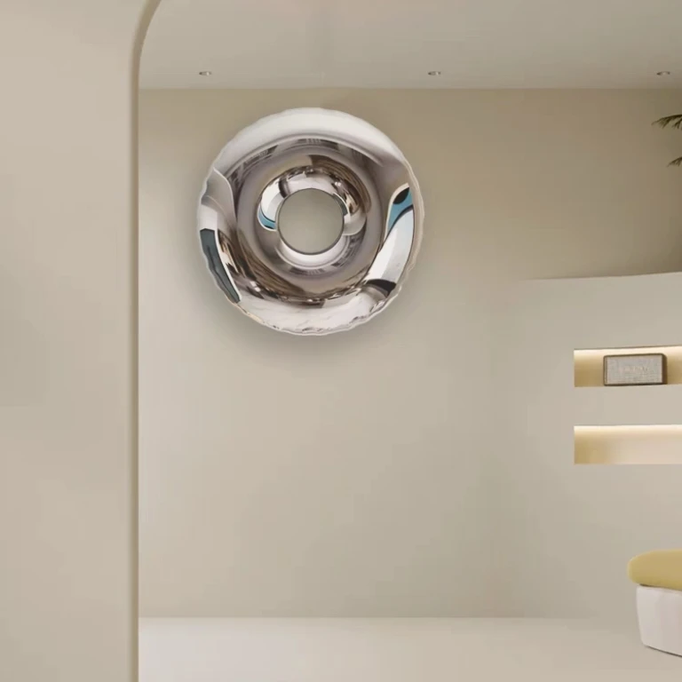 Stainless steel wall decoration mirror round donut hotel model room living room metal soft decoration design