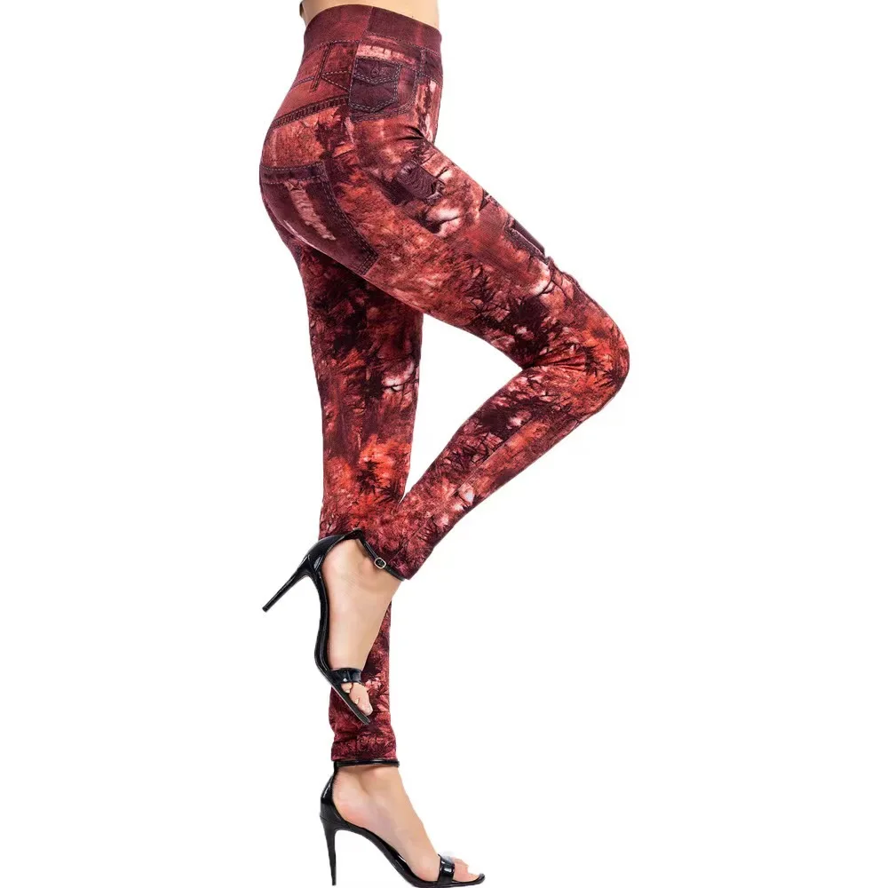 Mallas de mezclilla de imitación para mujer, Leggings con estampado de bolsillo largo, Sexy, informal, Verano