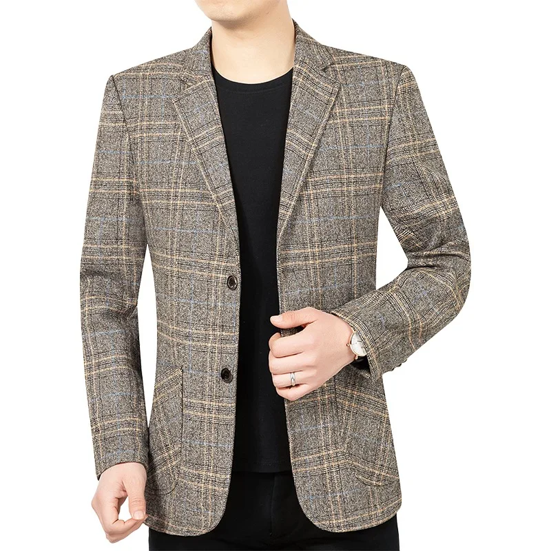 

Man Suit Coat Retro Plaid Single-breasted Business Casual Male Outerwear Turn Down Collar Non-ironing Versatile Men Blazer
