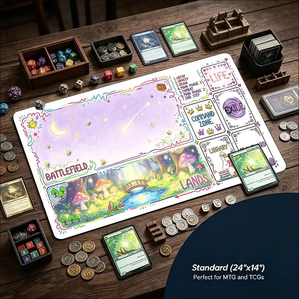 Cute Rainbow Meadow Large Game Mat Non‑Slip Rubber Playmat Hand Drawn Landscape Art for Trading Card Tabletop Hobby Table Decor