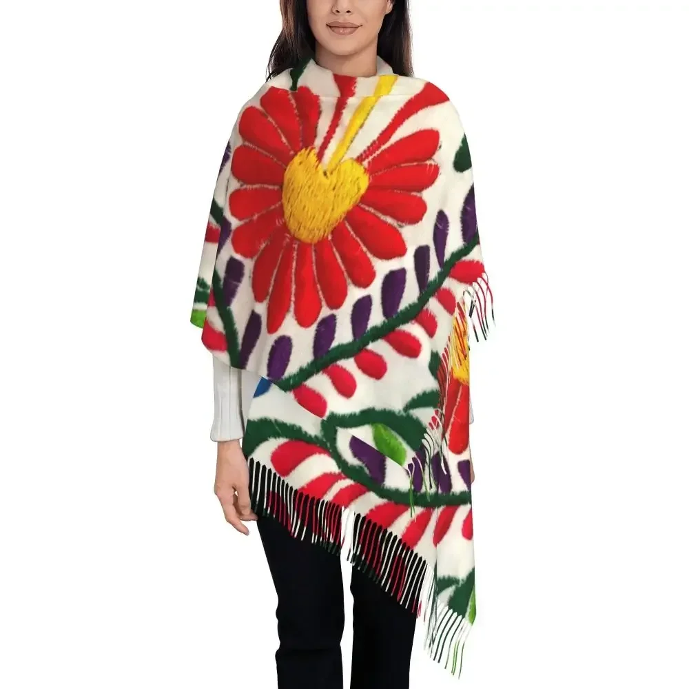 

Mexican Otomi Birds Scarf Wrap for Women Long Winter Warm Tassel Shawl Unisex Flowers Floral Mexico Scarves