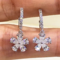 Huitan Sparkling Flower Dangle Earrings for Women Full Paved Crystal CZ Fashion Exquisite Girls Neck Accessories Luxury Jewelry