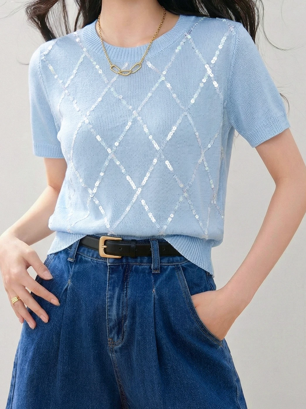 New Retro Women's Sequined Diamond Cutout Short Sleeve T-Shirt Fashionable Round Neck Slimming Minimalist Versatile Casual Top