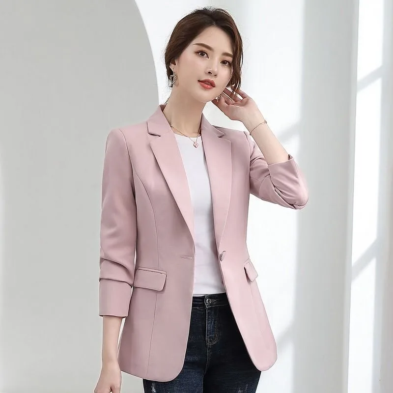 2025 outono nova chegada feminino blazer rosa-elegante jaqueta formal de ajuste fino com roupa preta combinando, elegante profissional wear