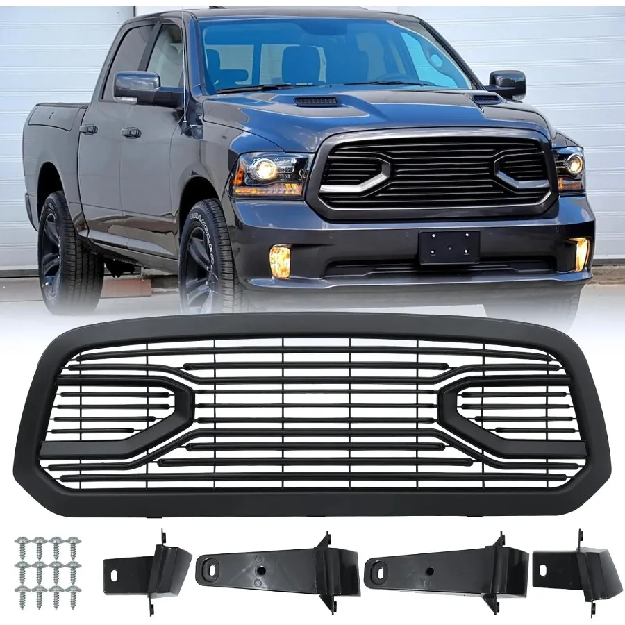 Rejilla delantera diseñada para Dodge RAM 1500 20132018 con integración de parachoques estilo bocina grande Acabado negro sin mejora de la iluminación