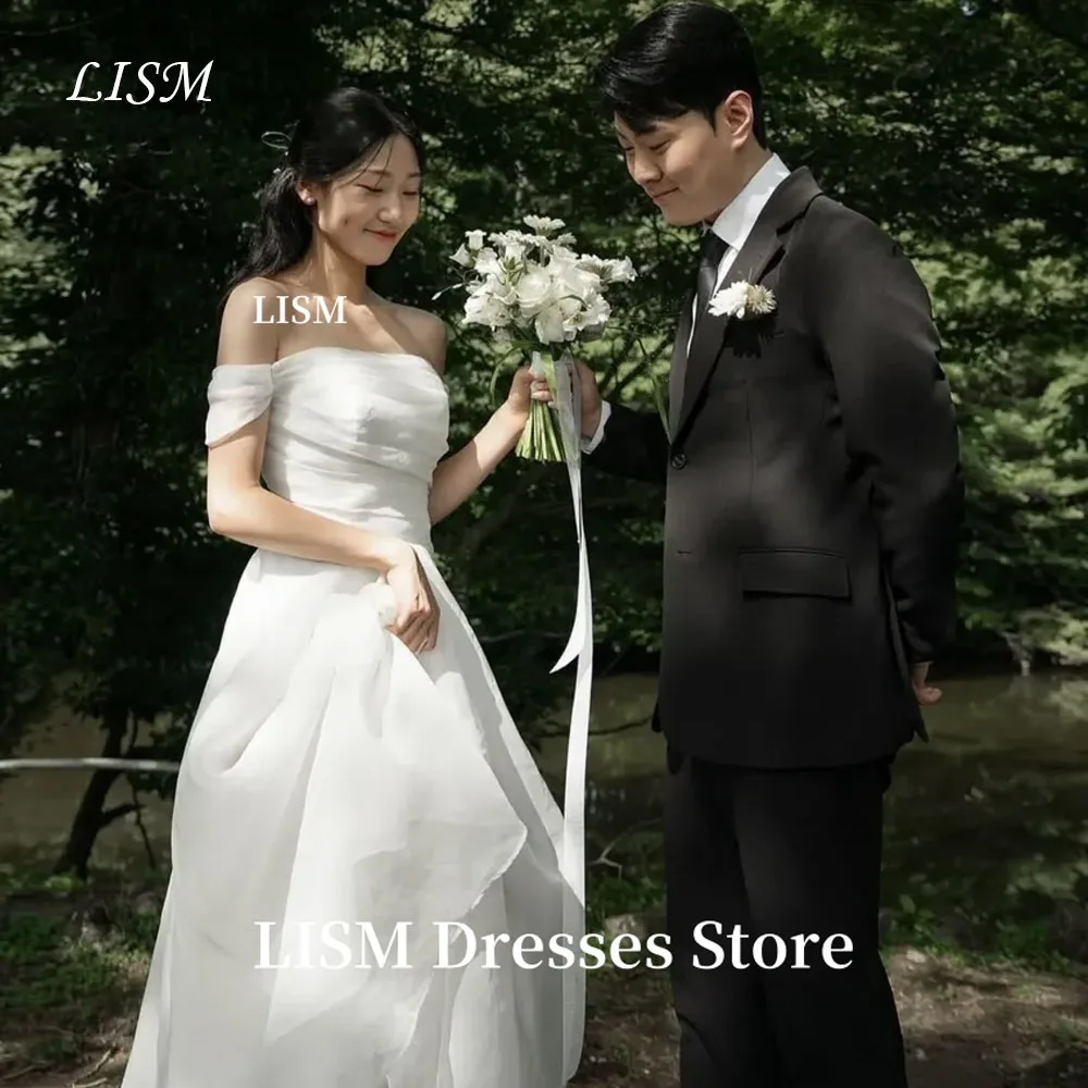 

LISM Off Shoulder A-Line Simple Korea Wedding Dresses Silk Organza Long Bridal Gowns Photo Shoot 웨딩드레스 Customized Corset Back