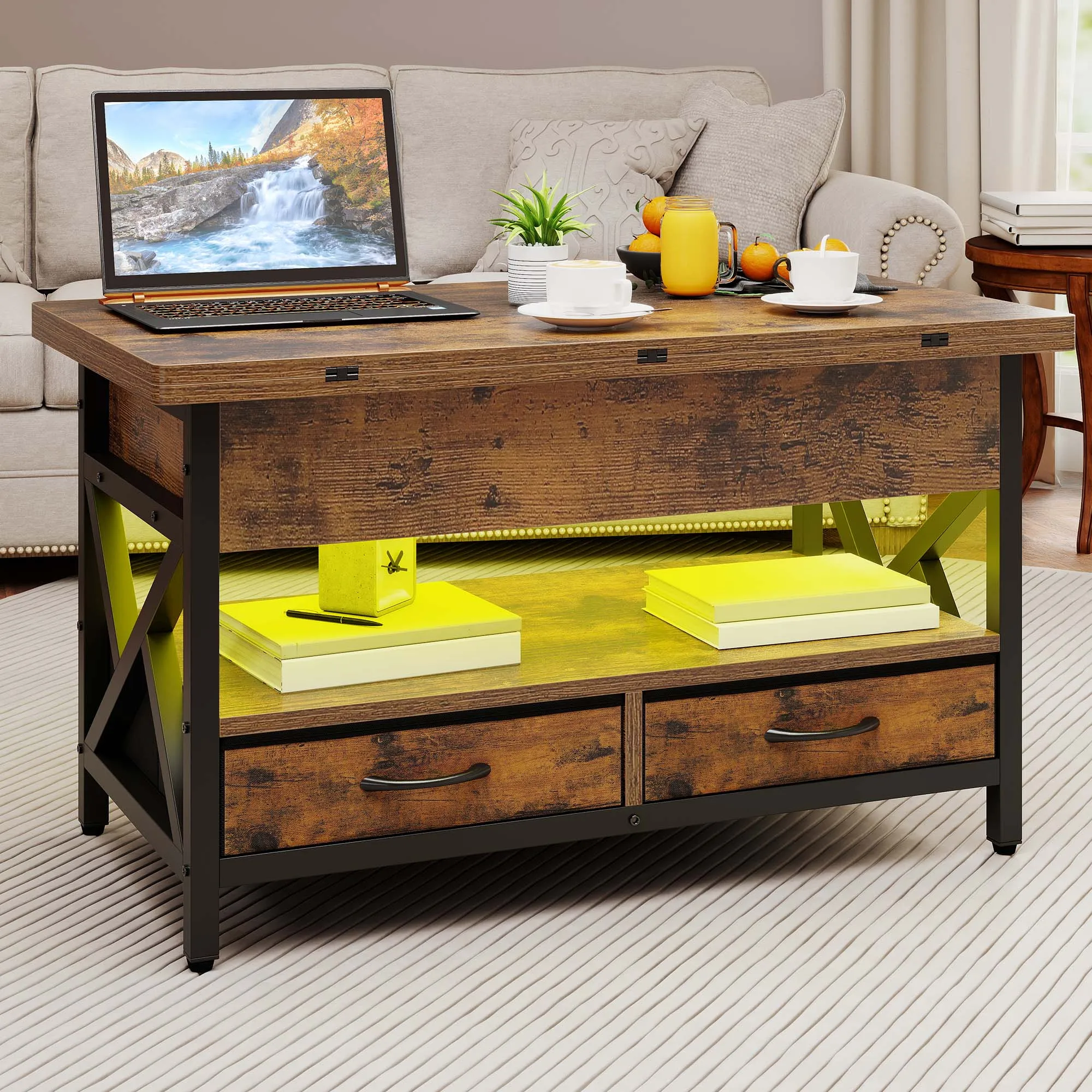 Balconera Table basse relevable avec rangement – Table de salle à manger extensible avec 2 tiroirs et lumière LED, 90 × 50 × 1,5 cm