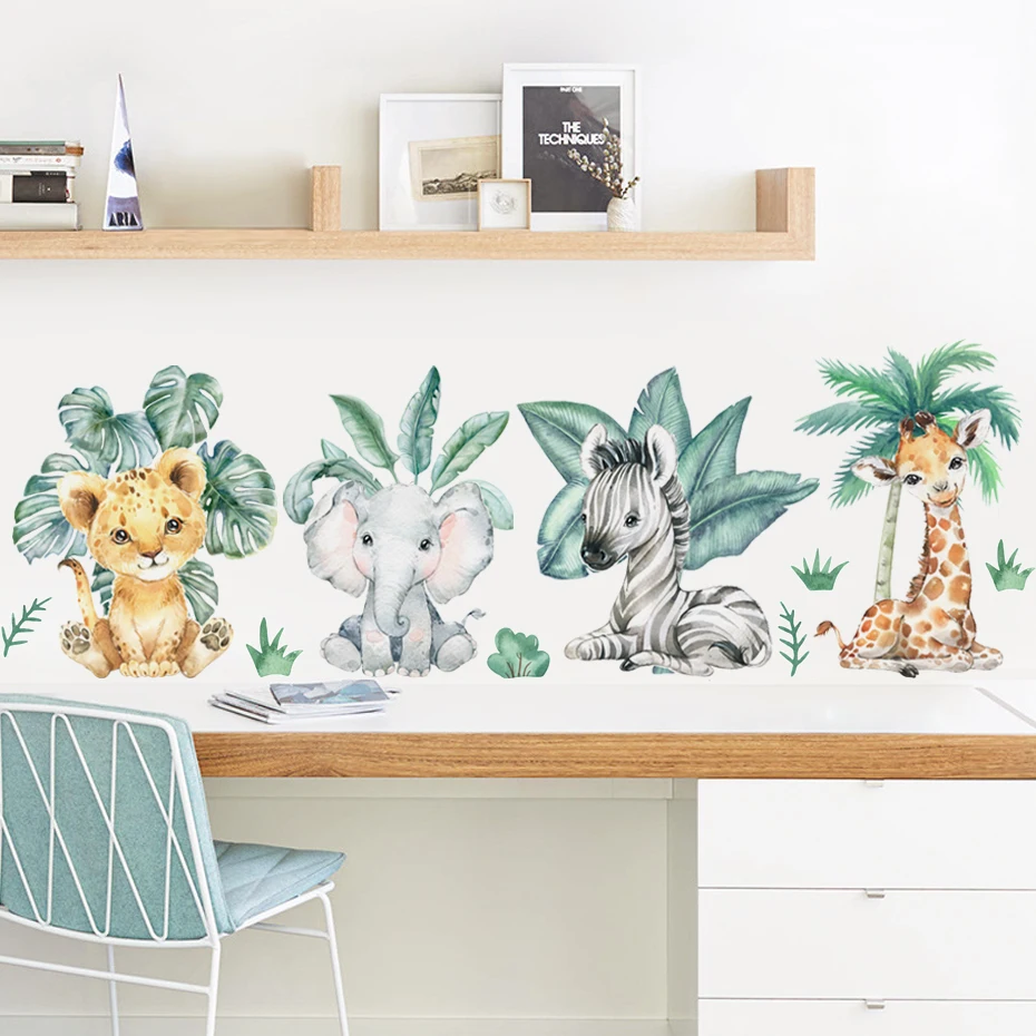 Jungle Africa Animals Leaves Watercolor Vinyl Wall Stickers for Kids Room Baby Nursery Room Decoration Elephant Giraffe Stickers