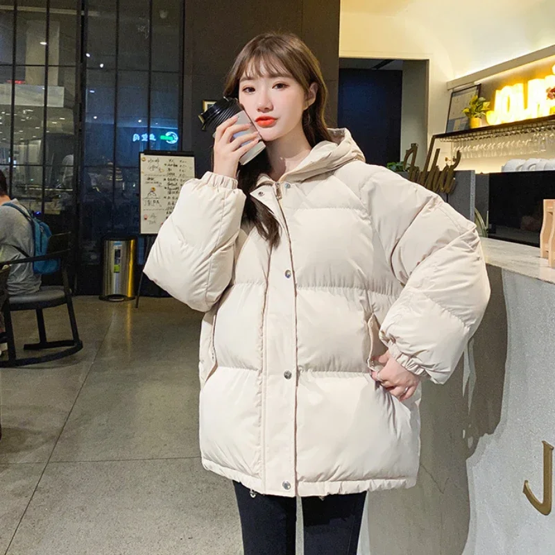 Korean Fashion Cute Hooded Coats Winter Thick Parkas Women Loose All-match Students Daily Simple Pure Color Overcoats Chic Youth