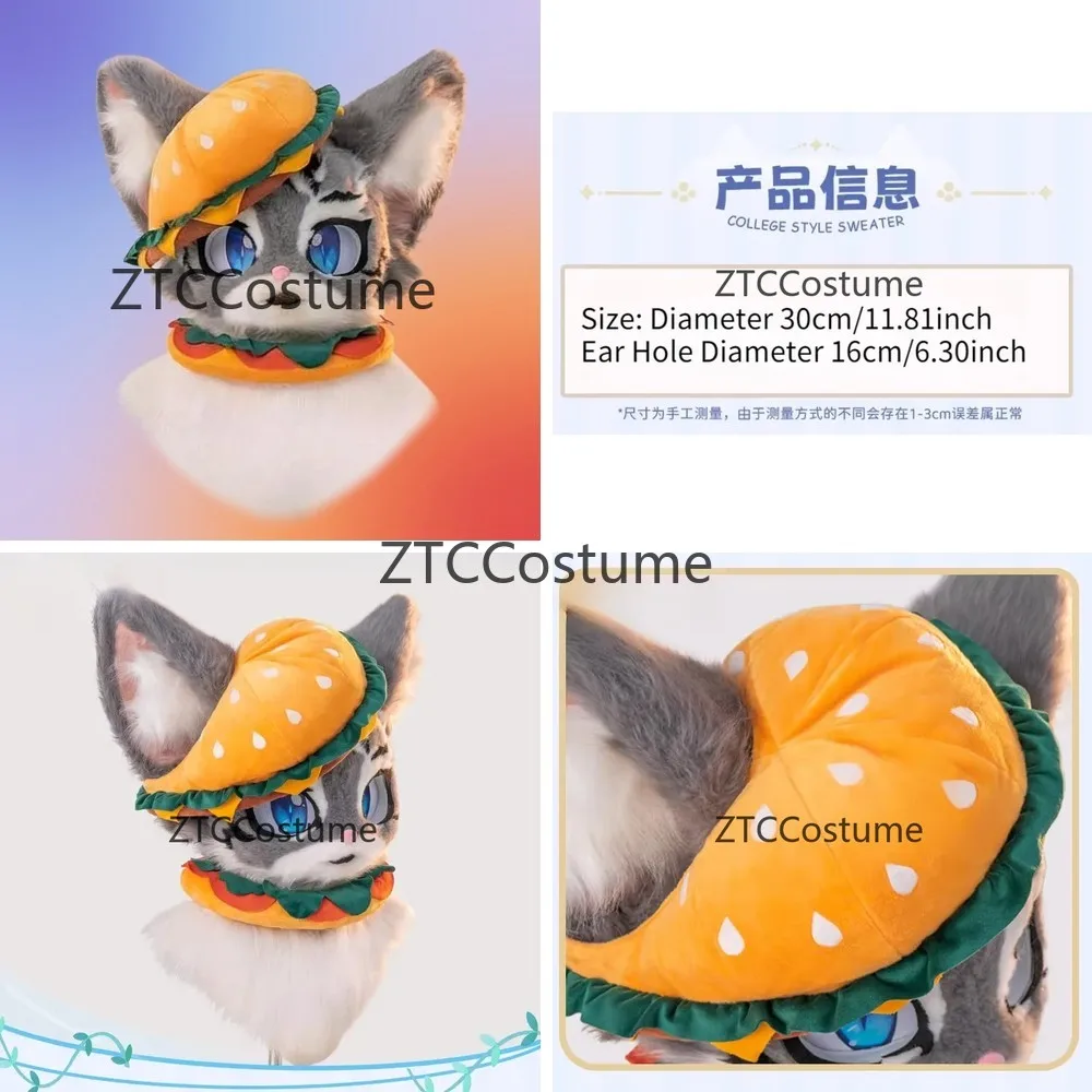 

Furry Hamburger Hat Scarf Set Cute Kawaii Cosplay Costume Headwear for Party Funny Fursuit Prop