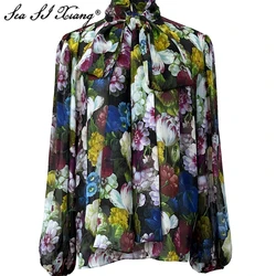 Seasixiang Fashion Designer Spring Summer Silk Shirt Women Lace-up Collar Lantern Sleeve Floral Print Vintage Loose Dresses