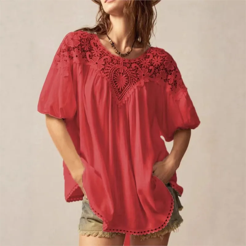 Round Neck Lace Hollow Puff Sleeve Short Sleeve Solid Color Stitching New Shirt Top Womens Summer Beach Vacation Fashion T-shirt
