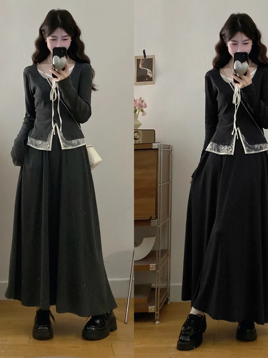 

plus Size Spring Fashion Slimming Long Sleeve Skirt Set Elegant High Waist Midi Dress Cover up Lace Detail Polyester Fiber