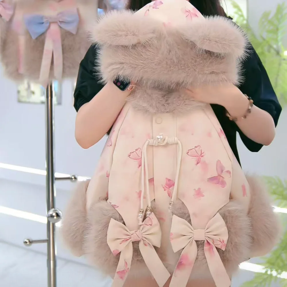 

Sweet Butterfly Girls Thickened Faux Fur Cotton Coat Cute Hooded Plush Jacket Kid's Winter Clothing Outerwear Warm Snowsuit