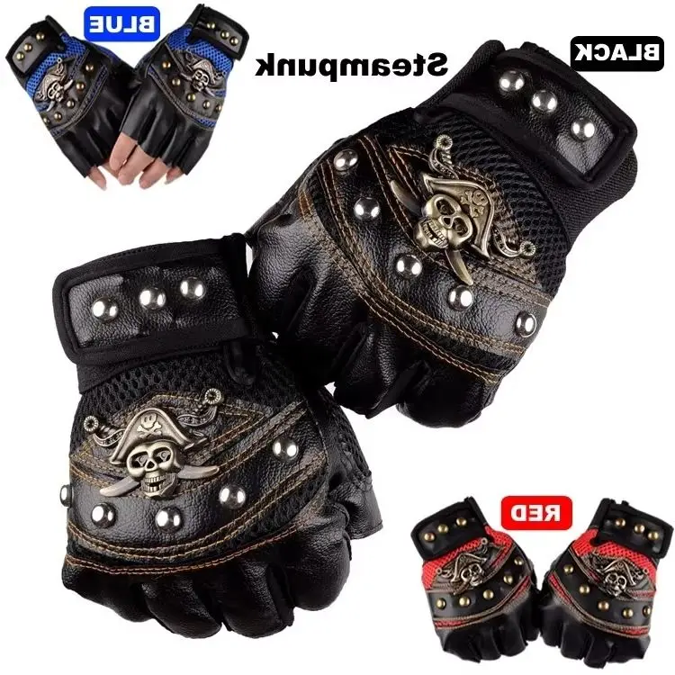 

Black PU Leather Rivets Pirate Skull Punk Motorcycle Biker Fingerless Tactical Gloves Steampunk Men's Gloves