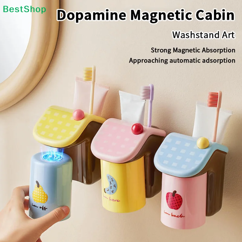 

♥❀Cute Magnetic Toothbrush Holder with Cup, Wall-mounted Fruit Pattern Toothbrush Storage Set for Bathroom