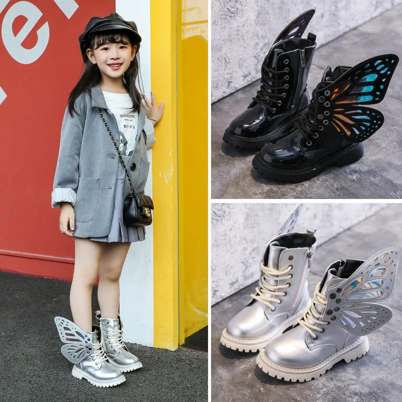 Botas antideslizantes de charol plateado para niña, botines informales de mariposa y Princesa, zapatos de otoño e invierno, novedad de 2023