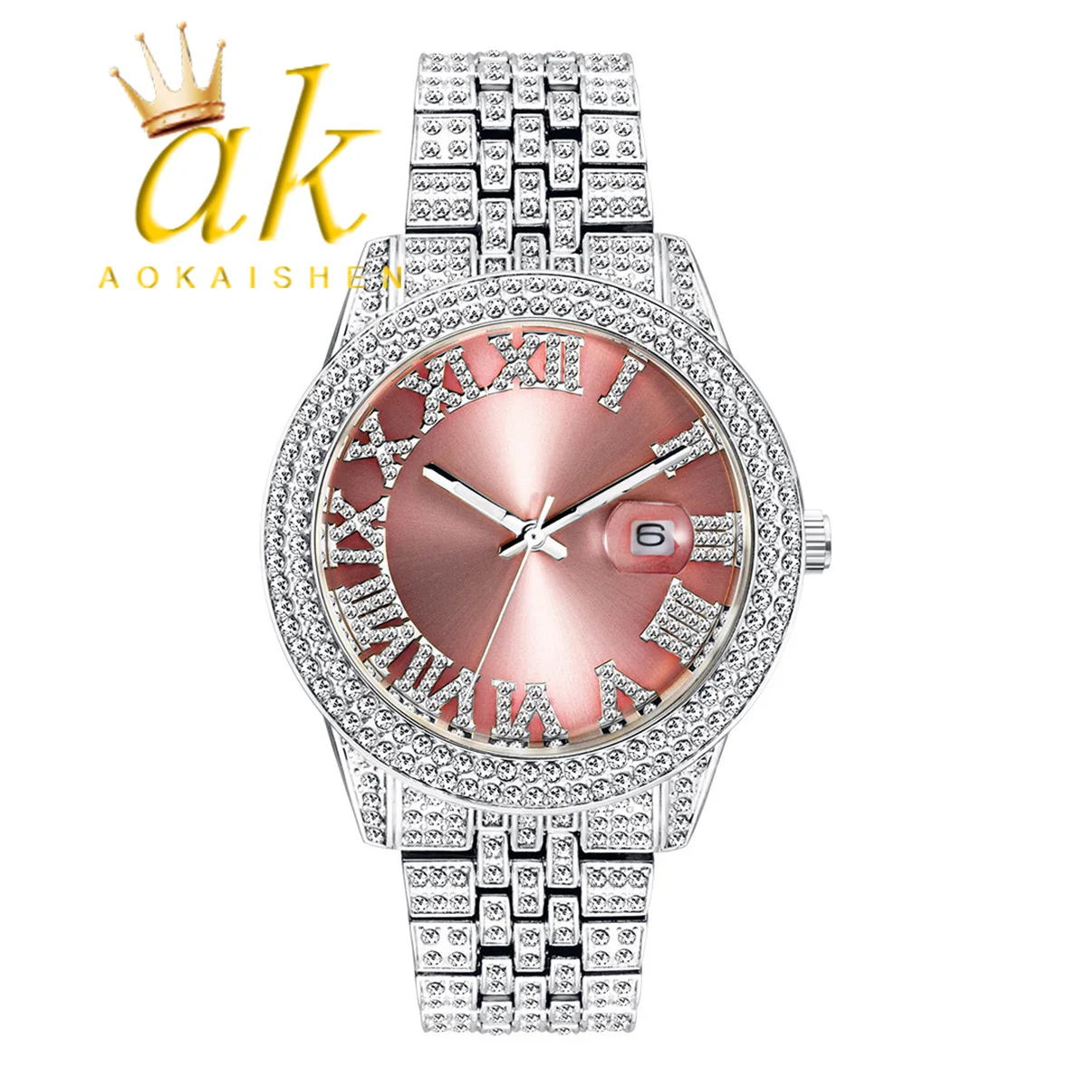 Aokaishen Big Dial Watches Pink Purple Blue Black Full Iced Out Women Stainless Steel Fashion Luxury Rhinestones Quartz Business