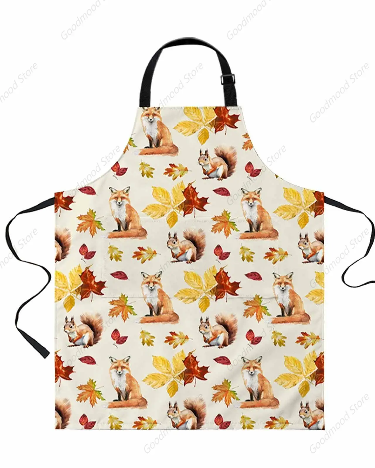 Squirrel Fox Fall Kitchen Aprons with Pockets Waterproof, Thanksgiving Maple Leaf Autumn Botanical Adjustable Bib Chef Aprons