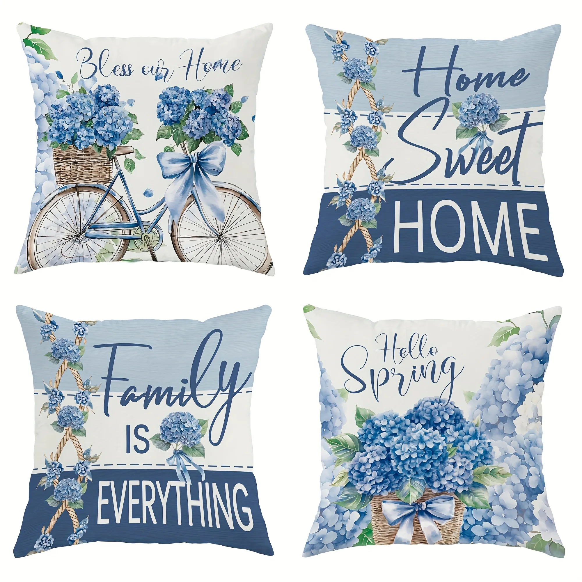 Hello spring blue floral pillow cover with bicycle bow pattern design, sofa and chair cushion cover, room decoration