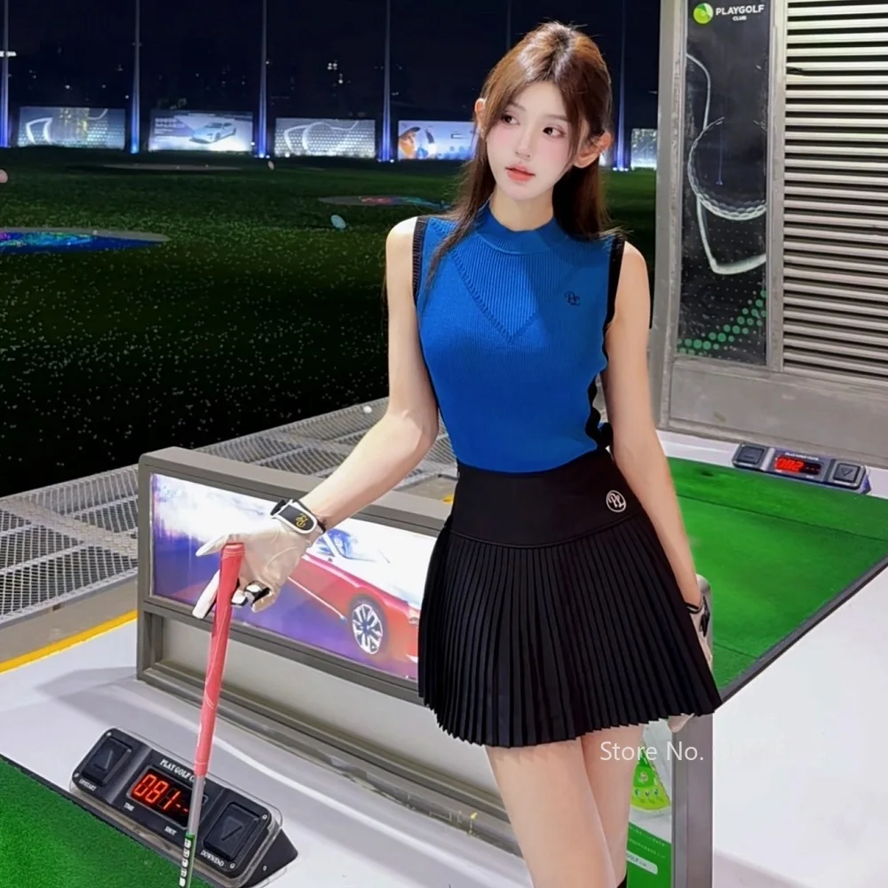 PL Korean Golf Clothing Women Sleeveless Knitted Shirt Slim Golf Tank Tops Ladies High Waist Tennis Skirts Pleated Leisure Skort