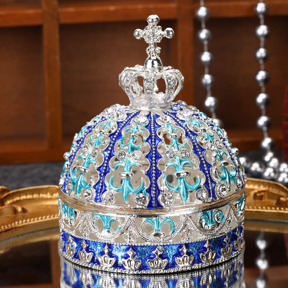 

1pc Crown Trinket Box Vintage Enamel Rhinestone Jewelry Storage Case Luxury Decor Makeup Container Creative Gift Blue Silver