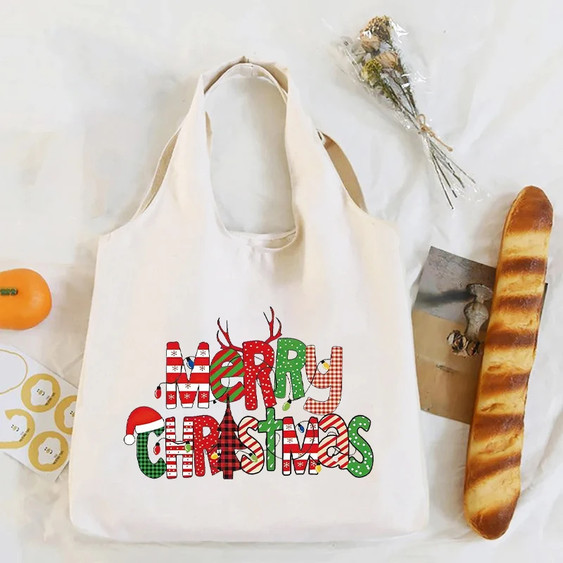 Bolso de hombro de lona de Feliz Navidad, organizador de gran capacidad, bolsa de almacenamiento de viaje, bolsas de compras reutilizables, caja de almuerzo, regalo de Navidad