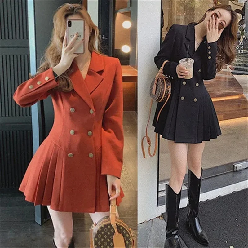 4XL Women\'s Fat mm Hepburn Double breasted Blazer Suit Dress Autumn and Winter Waist Shrinking Long Sleeve Pleated Dress Orange