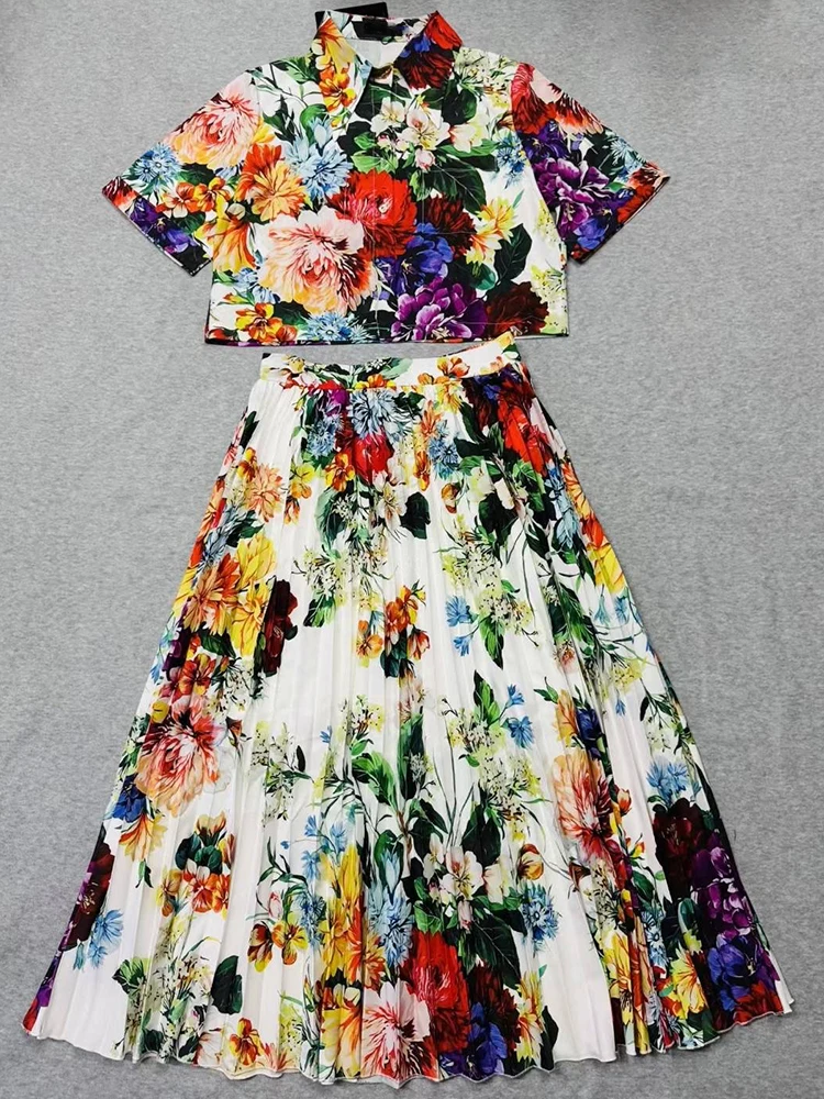 Temperament printed lapel single-breasted shirt Spring/Summer 2025 new women's suit+high waist and big skirt two-piece suit