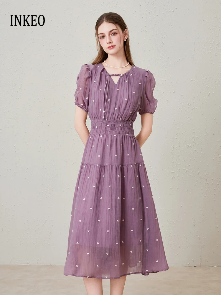 Robe mi-longue brodée de style français pour femmes, tenue de plage d'été à manches courtes et col rond, à la mode, violette, INKEO 5D220, 2025