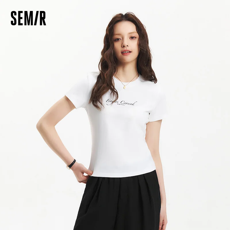 Semir Women Tshirt Slim Standard Shoulder Letter Print Crew Neck 2026 Summer Fashion Casual Style Soft Lightweight Daily Top