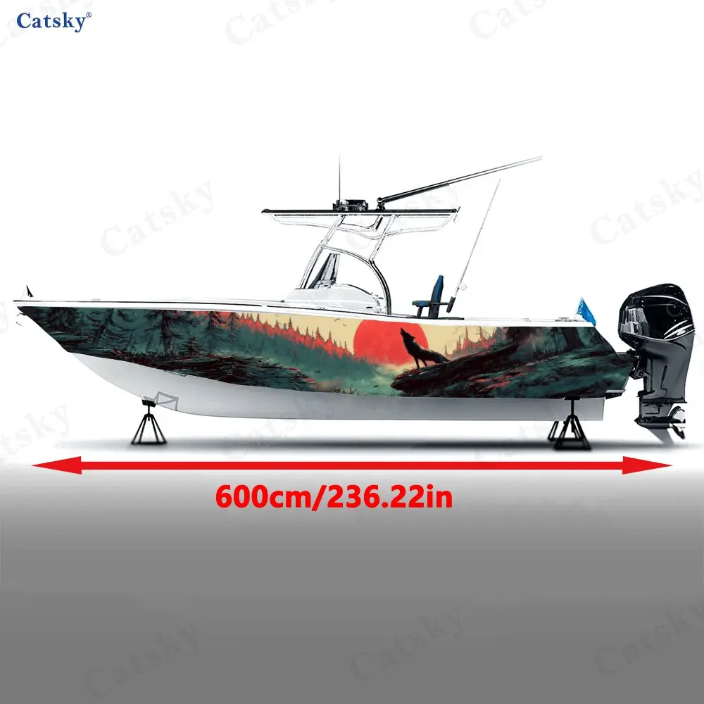 Red Moon Gray Wolf Mystic Forest Boat Stickers, PVC Waterproof Vinyl Wrap Decals for Fishing Boats, Durable and Stylish Design