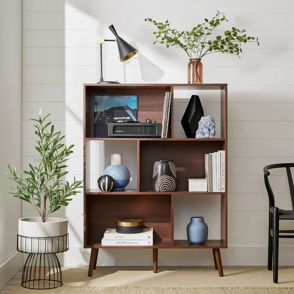 3-Tier Mid-Century Modern Wooden Bookcase, 6-Cube Organizer for Nursery, Kids Room, Living Room