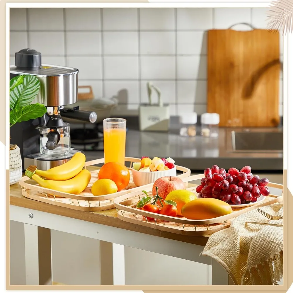 12 Pcs Bamboo Wicker Serving Trays 16.93x13 Inch Hand Woven Lap Trays for Eating Bed Tray Snack Holder