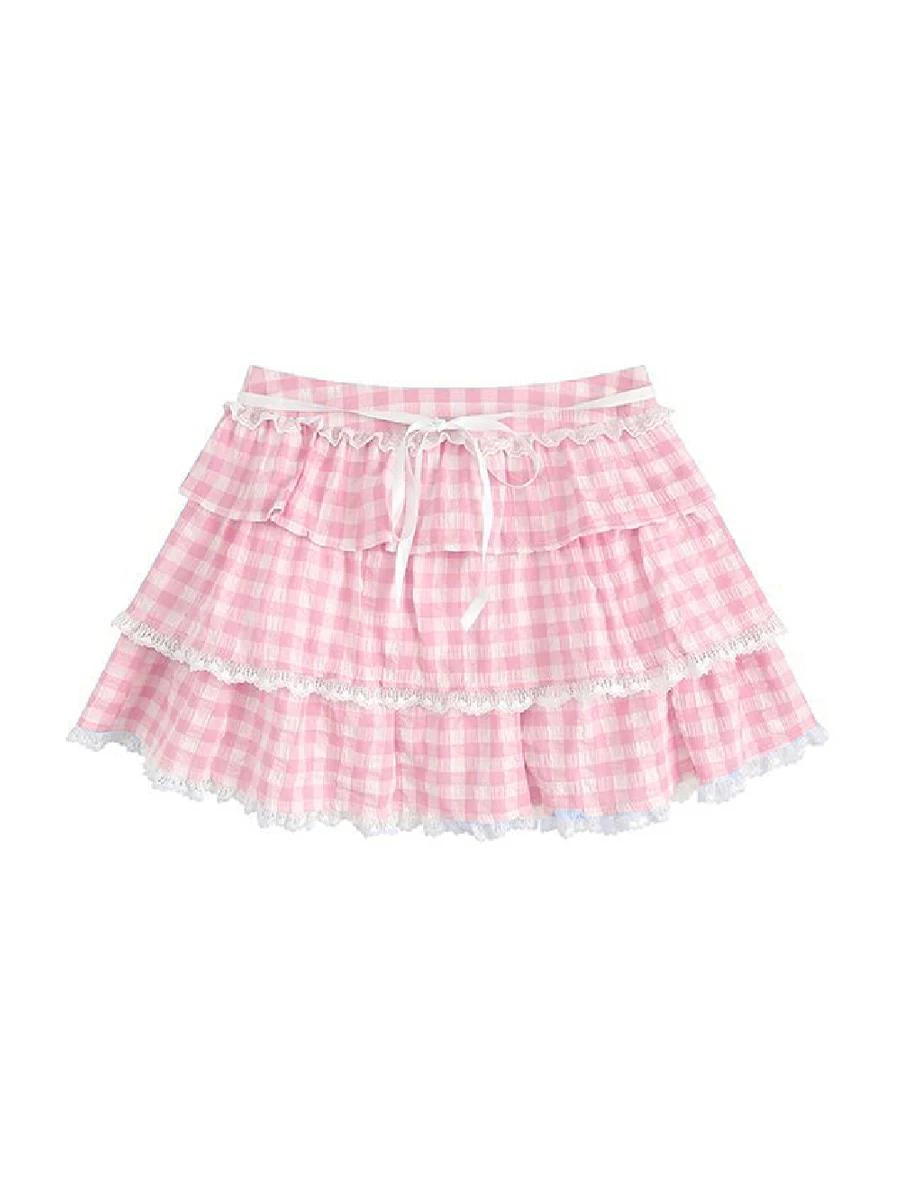 Women's Plaid Print Mini Skirts Bow Tie-up Waist Trim Patchwork Pleated A-Line Skirts Swing Layered Ruffle Skirts Streetwear