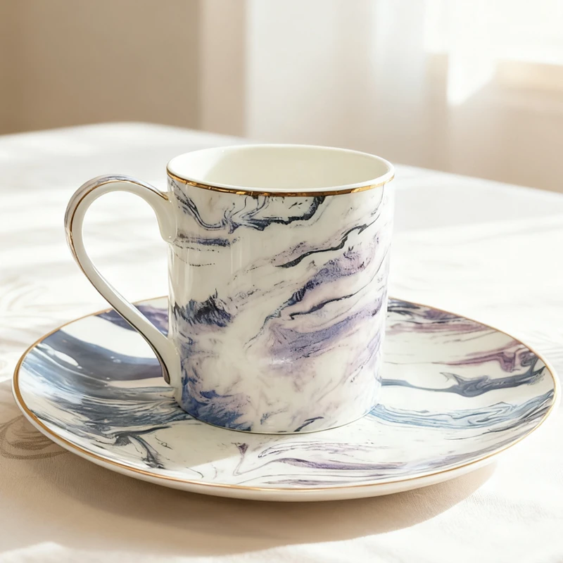 

Elegant Marble Pattern Ceramic Dinnerware Set – Gold Rim Bone China 8-inch Plate & 300ml Mug, Dessert Plate Coffee Cup