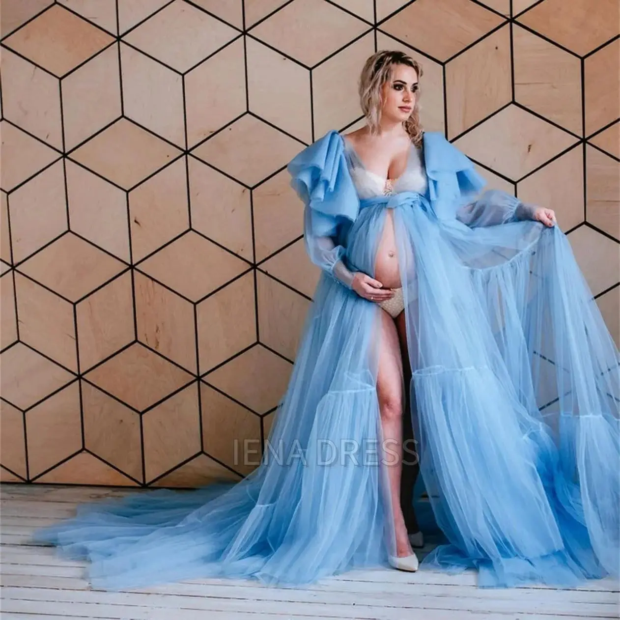 Blaues Umstands kleid mit V-Ausschnitt, gekräuselte Ärmel, transparenter Bademantel, Baby party kleider, Schwangerschaft fotografie kleid