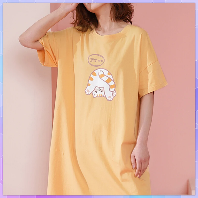 

Summer Night Dress Women Plus Size Homewear Cotton Sleepwear Nightgown Ladies Cartoon Print Sleepshirts Short-Sleeves Nightwear