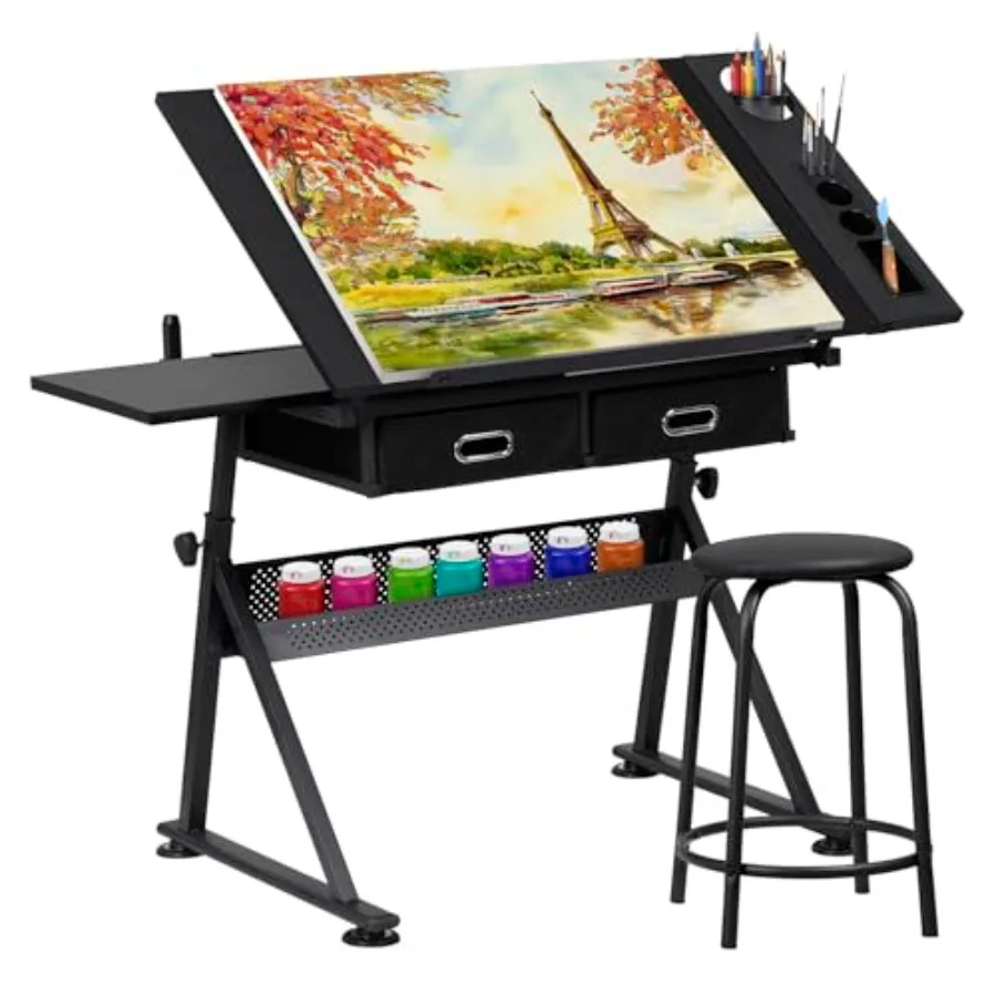 

Height Adjustable Drafting Desks with 2 Storage Drawers for Painting Working Writing Home Office Use Black