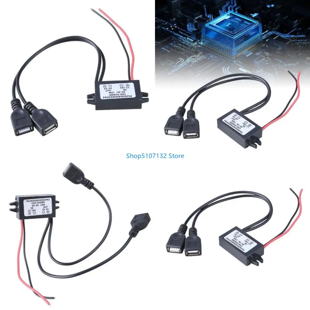 87HD Waterproof Voltages Reduction Module Open End Converters DC24-12V to 5V3A Double USB Car Power Conversion Adapter Cord
