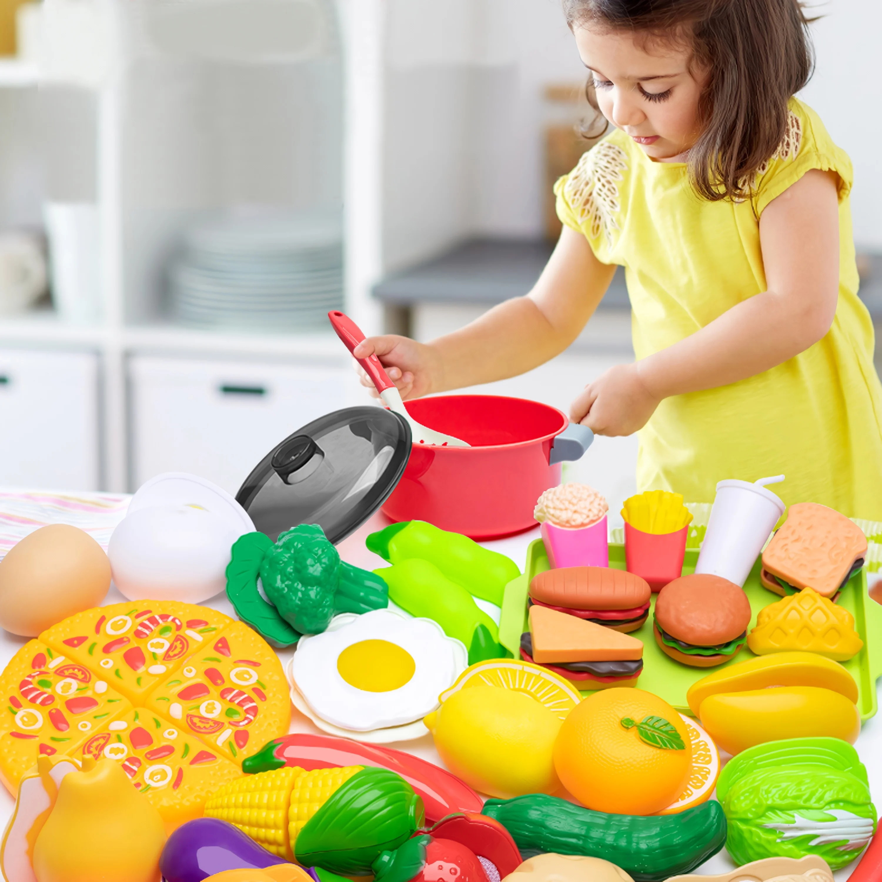 

Reusable Play House Kitchen Toys Set - Pretend Cooking Cuttable Fruit and Vegetable Chopping Set for Kids - Birthday Gift