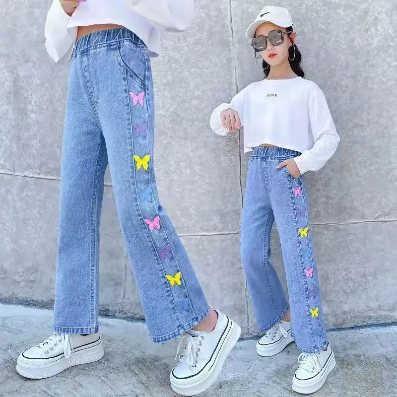 

Spring Girls Denim Trousers Loose School Teenagers Straight Pants Casual All-match Comfort Blue Jeans for Children 10 12 13 Year