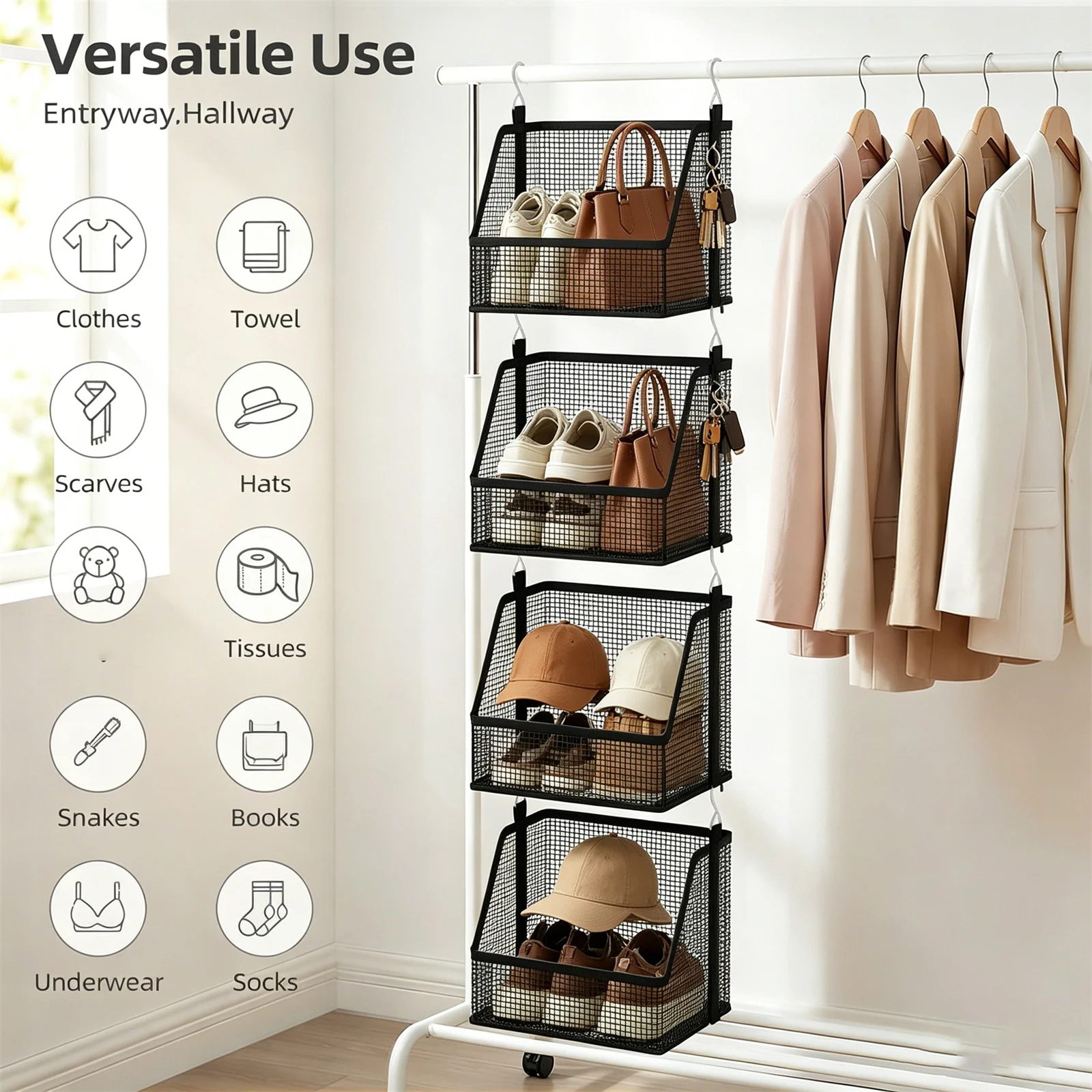 1pc Hanging Storage Basket, Stackable Multi-Layer Hanging Baskets,Black Woven Mesh Shelf,Suitable for Dormitory, Bedroom, Closet