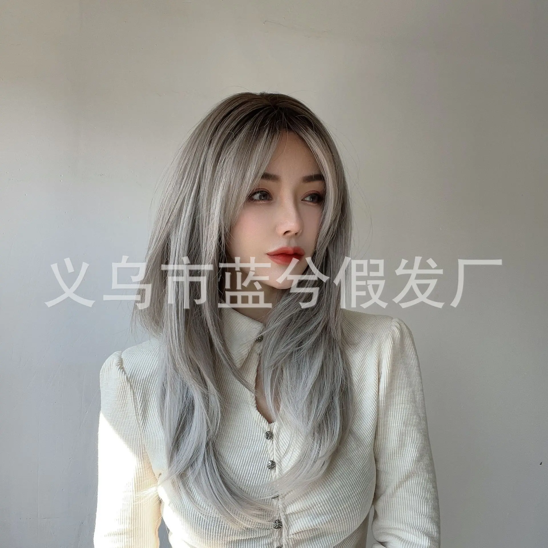 Popular fashion wig female gray gradual change highlights high temperature silk headgear