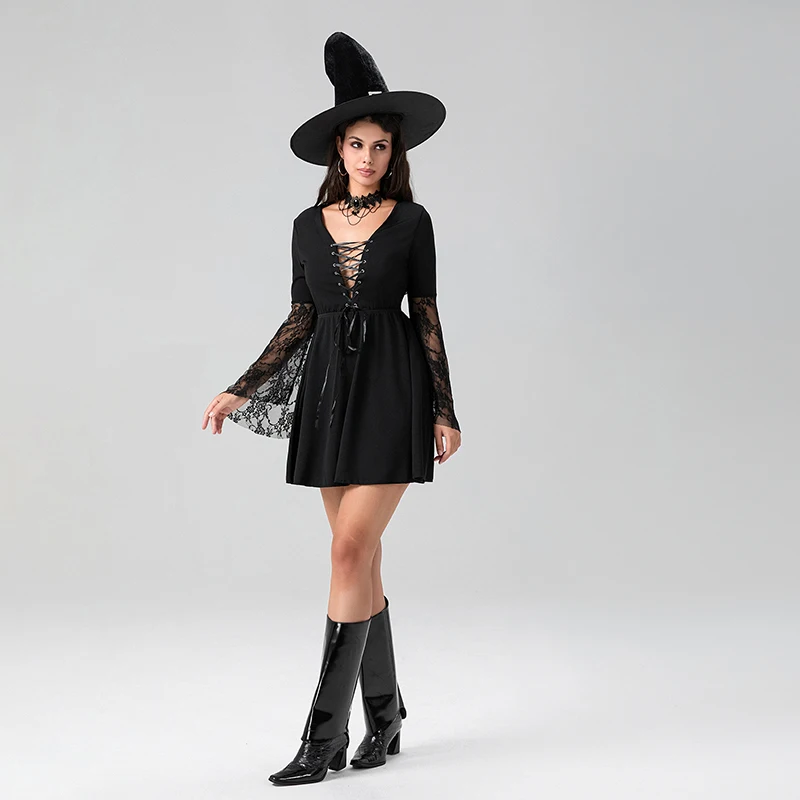 Halloween Witch Cosplay Costume for Women Lace Flare Long Sleeve Cross Tie Front Short A-Line Dress with Hat Outfits