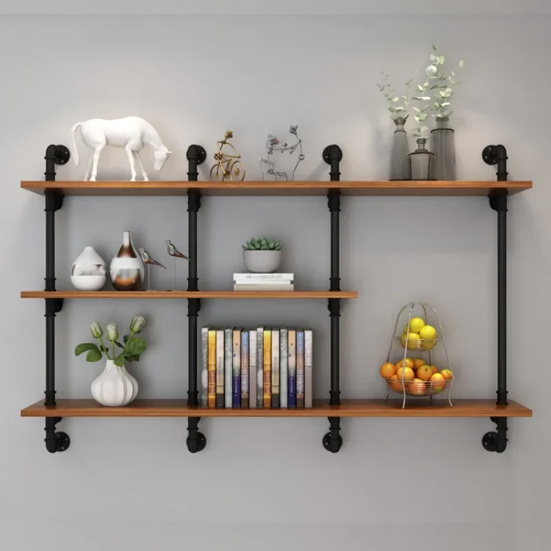 Industrial Style Wall-Mounted Storage Rack Living Room Multi-Layer Bookshelf Iron Craft Dining Room Decorative Shelf Vintage